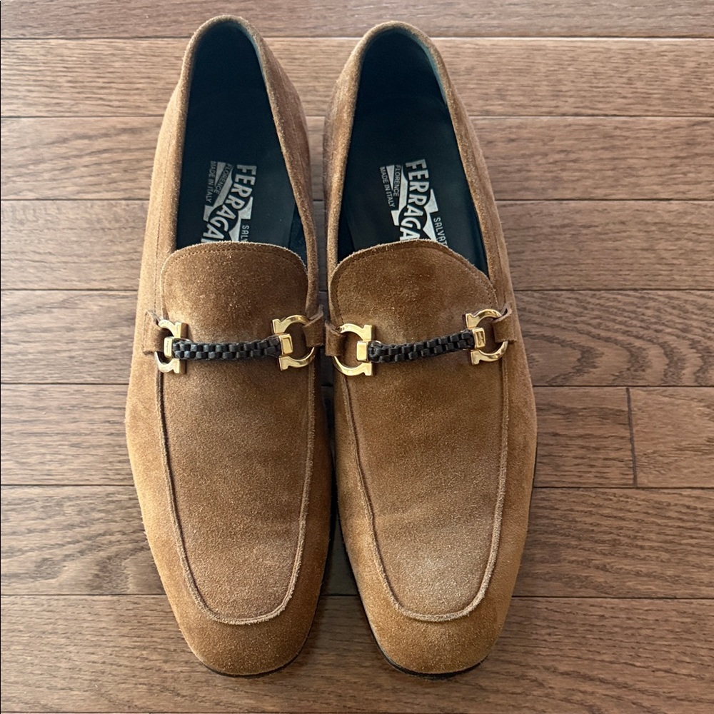 Salvatore Ferragamo Tan Suede Bit Loafers with Braided Accent